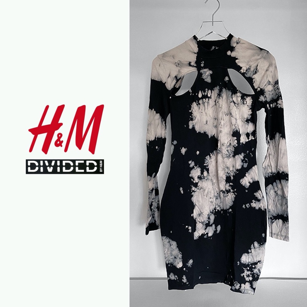 H&M Divided Jersey Bodycon Dress w/ cutouts black and cream tiedye L